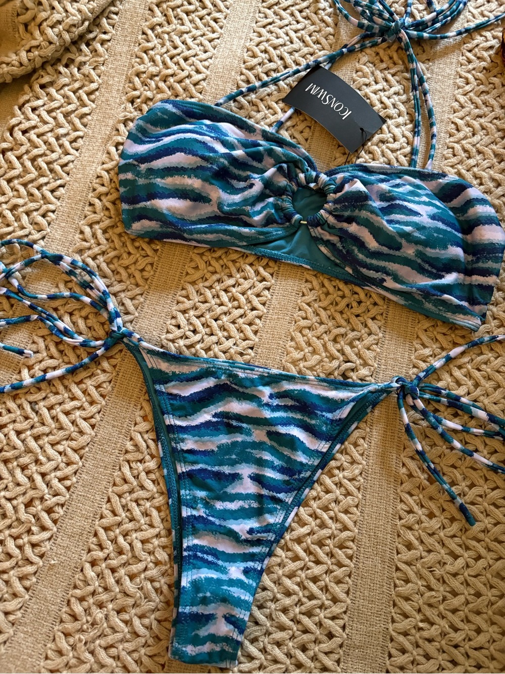 Kovsmay Teal Wave Print String Bikini